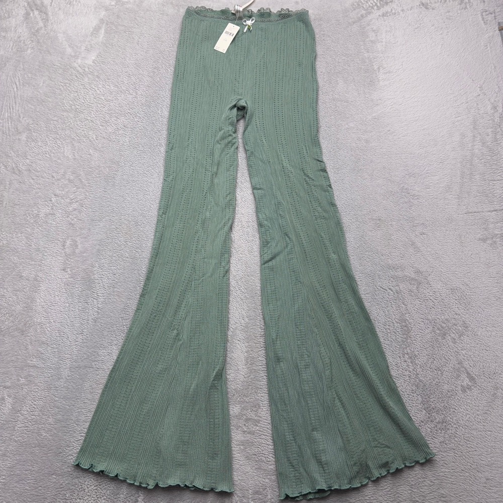 Anthropologie Flare Pants Womens S/M Green Pointelle Lace Trim Lettuce Hem Bow